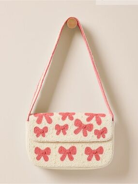 Francesca’s Bow Beaded Shoulder Bag Cream and Coral Pink NWT